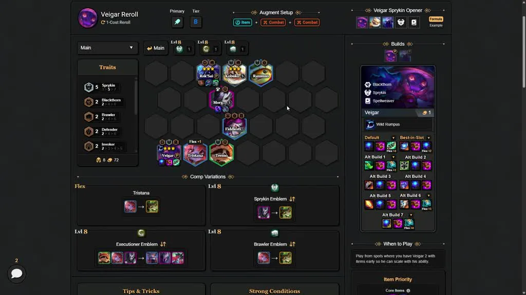 บอร์ด Veigar Reroll จาก TFT Flow — Rek'Sai/Kobuko/Rammus แถวหน้า, Morgana กับ Fiddlesticks กลาง, Veigar/Tristana/Teemo ห
