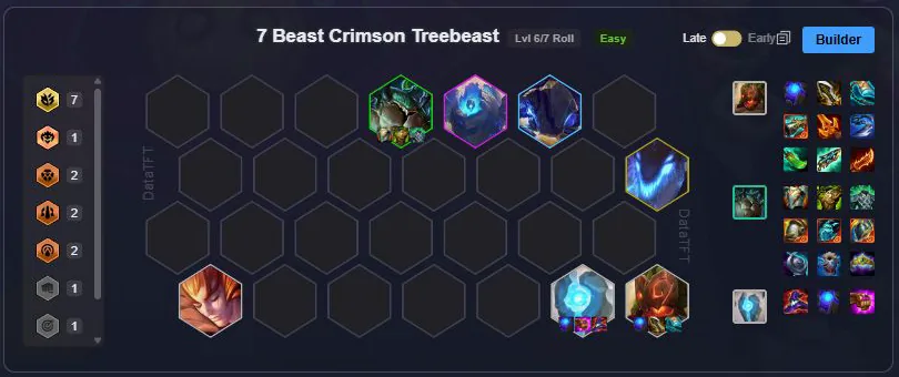 บอร์ด 7 Riftbeast Cinderling Reroll จาก DataTFT — เห็นยูนิต ตำแหน่ง และไอเทมของคอมพ์ครบ