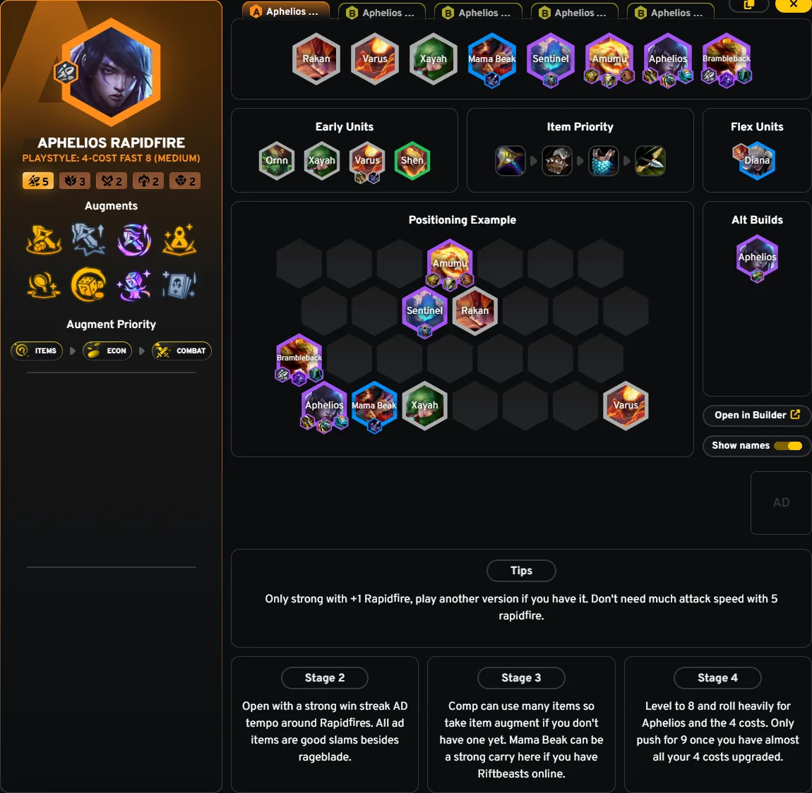 Aphelios Rapidfire — การ์ด TFT Academy แพตช์ 18.1d แสดงบอร์ดหลักและตำแหน่งตัวอย่าง