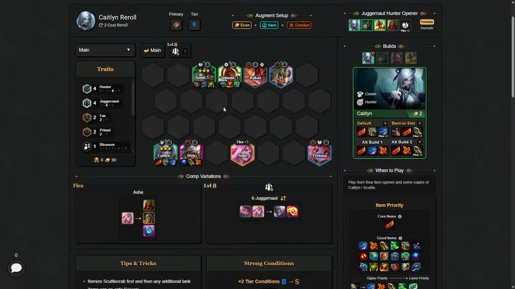 บอร์ด Caitlyn Reroll จาก TFT Flow — Scuttlecrab/Sejuani/Rakan/Vi แถวหน้า, Caitlyn/Sivir/Ashe/Tristana หลัง — จากคลิป GM